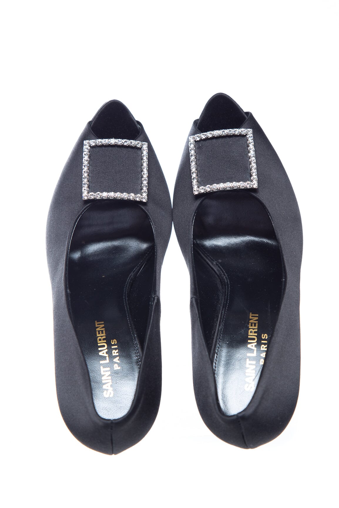 Saint Laurent Black Satin Peep Toe Heels SZ 38.5 - Image 5