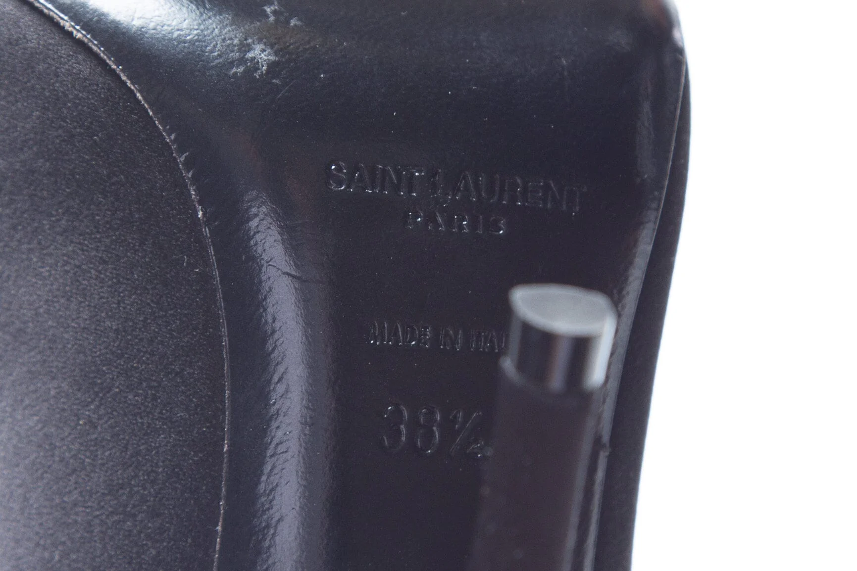 Saint Laurent Black Satin Peep Toe Heels SZ 38.5 - Image 7