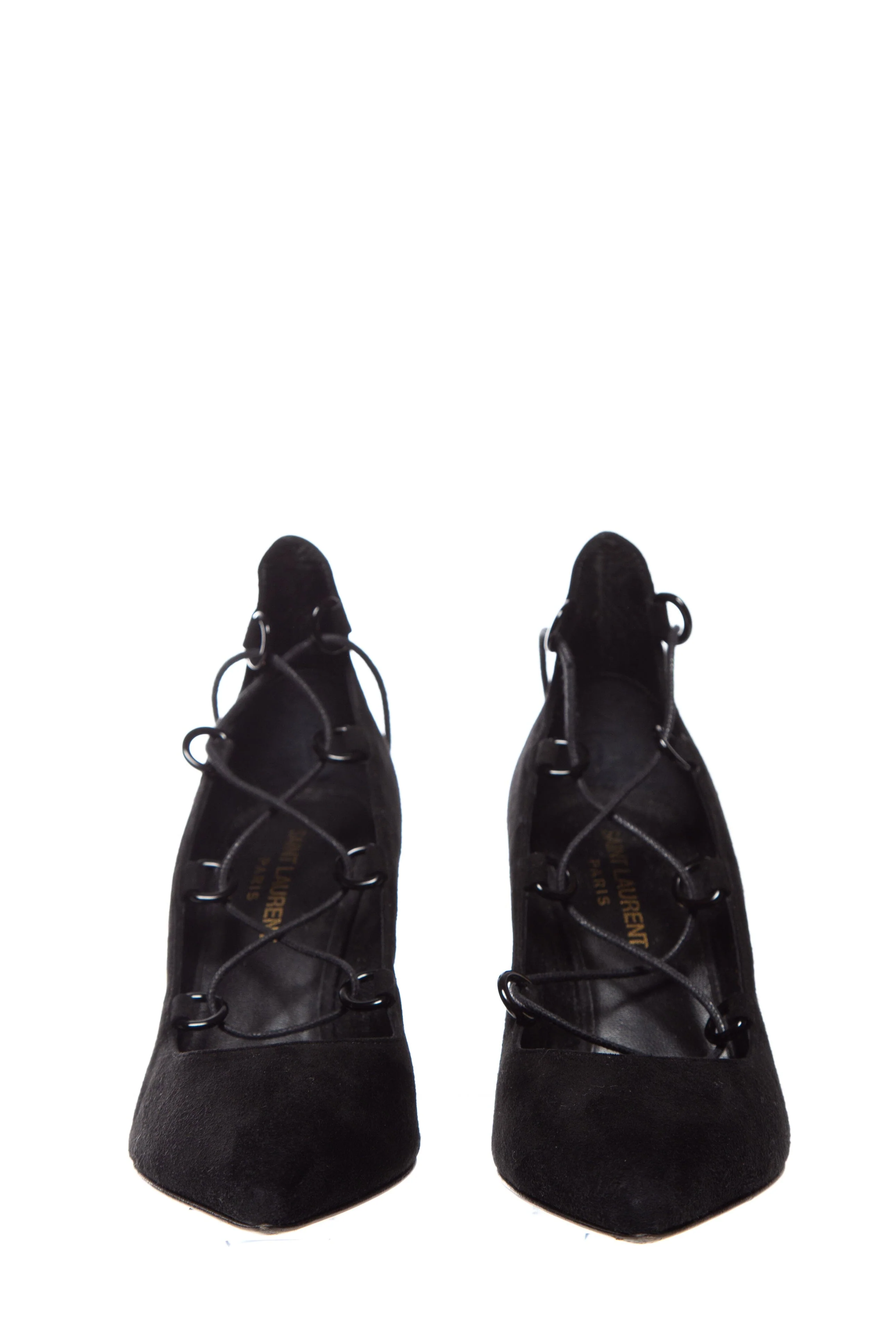 Saint Laurent Black Suede Lace Up Heels SZ 35.5 - Image 2