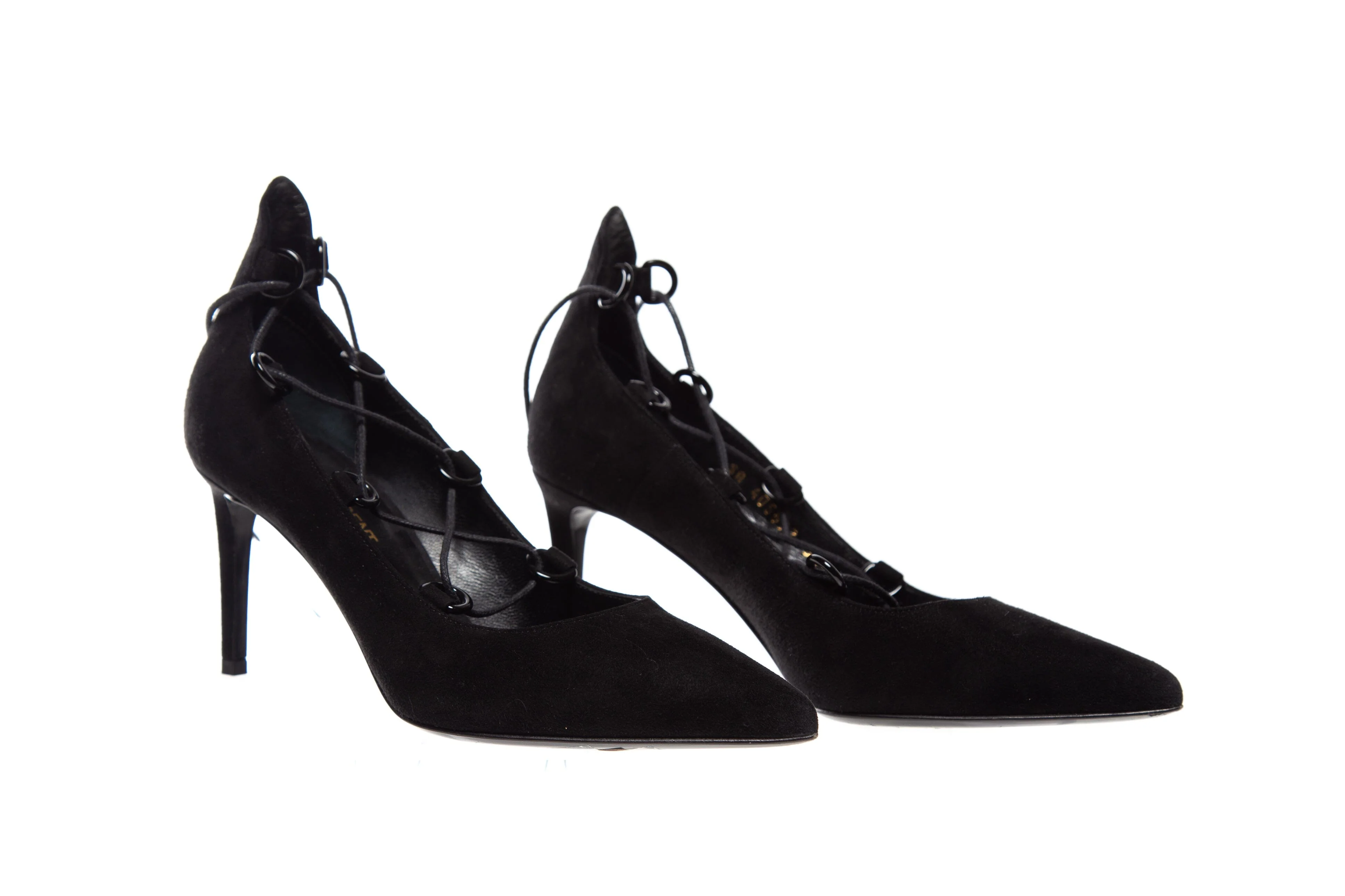 Saint Laurent Black Suede Lace Up Heels SZ 35.5 - Image 3