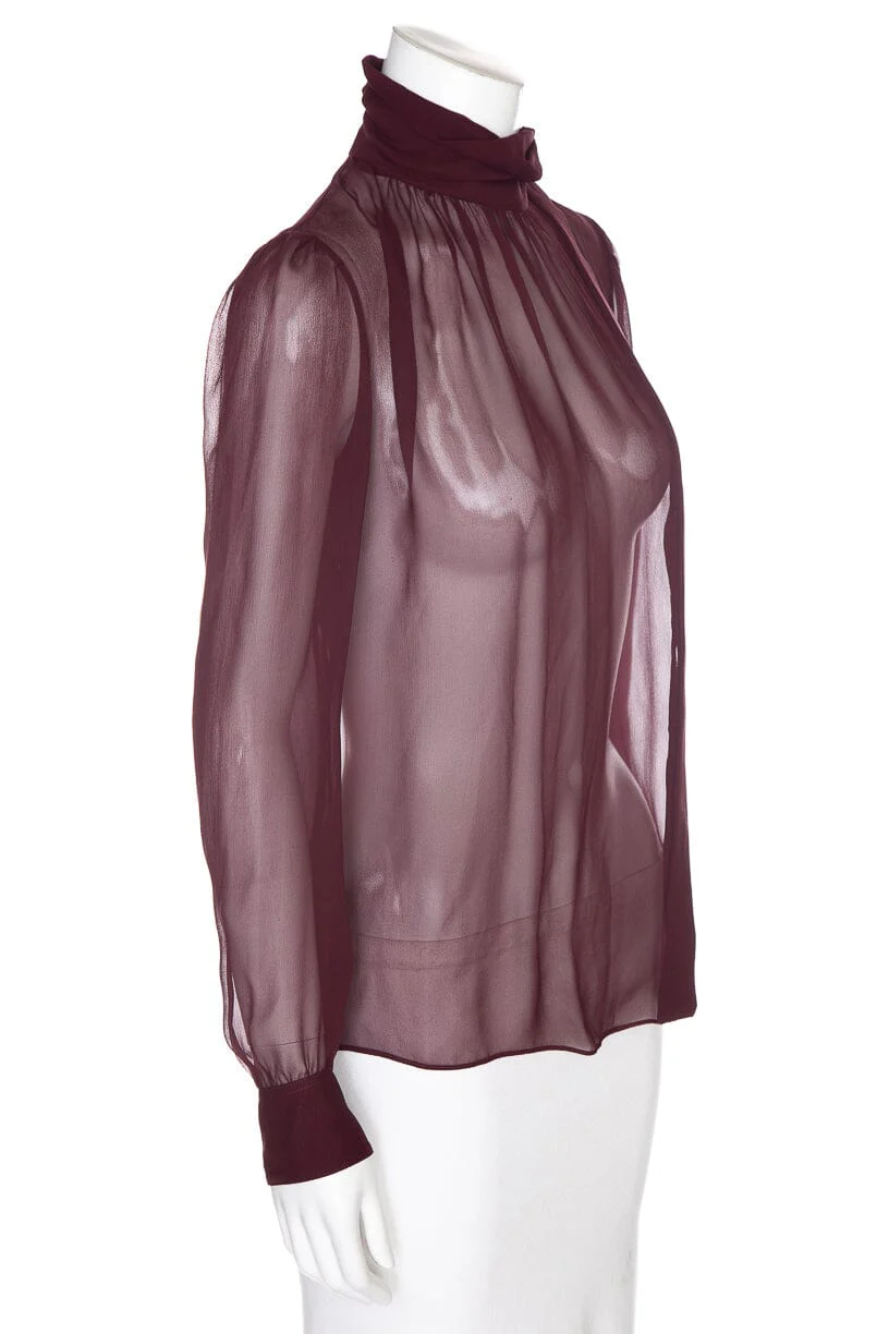 Saint Laurent Burgundy Silk Mockneck Sheer Blouse SZ S - Image 2