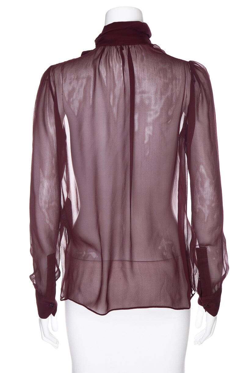 Saint Laurent Burgundy Silk Mockneck Sheer Blouse SZ S - Image 3