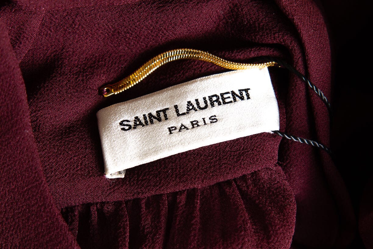 Saint Laurent Burgundy Silk Mockneck Sheer Blouse SZ S - Image 4