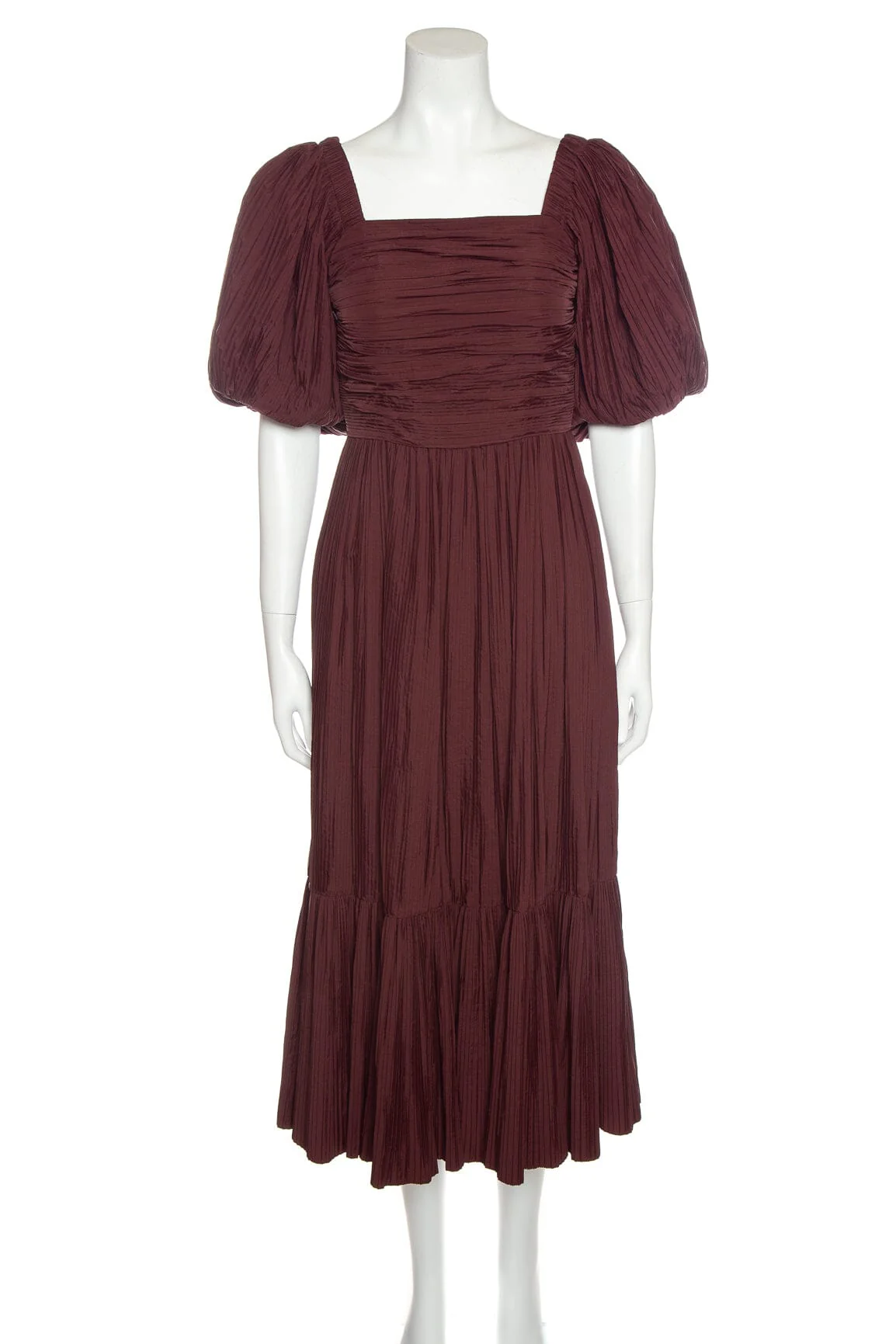 Sea New York Burgundy Pleated Maxi Puff Sleeve Dress SZ 0 NWT