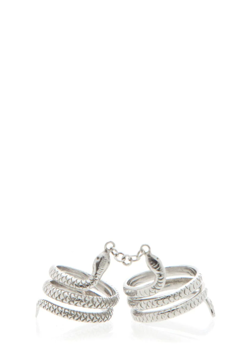 Silver Long Two Snake Ring with Chain Connection Detail