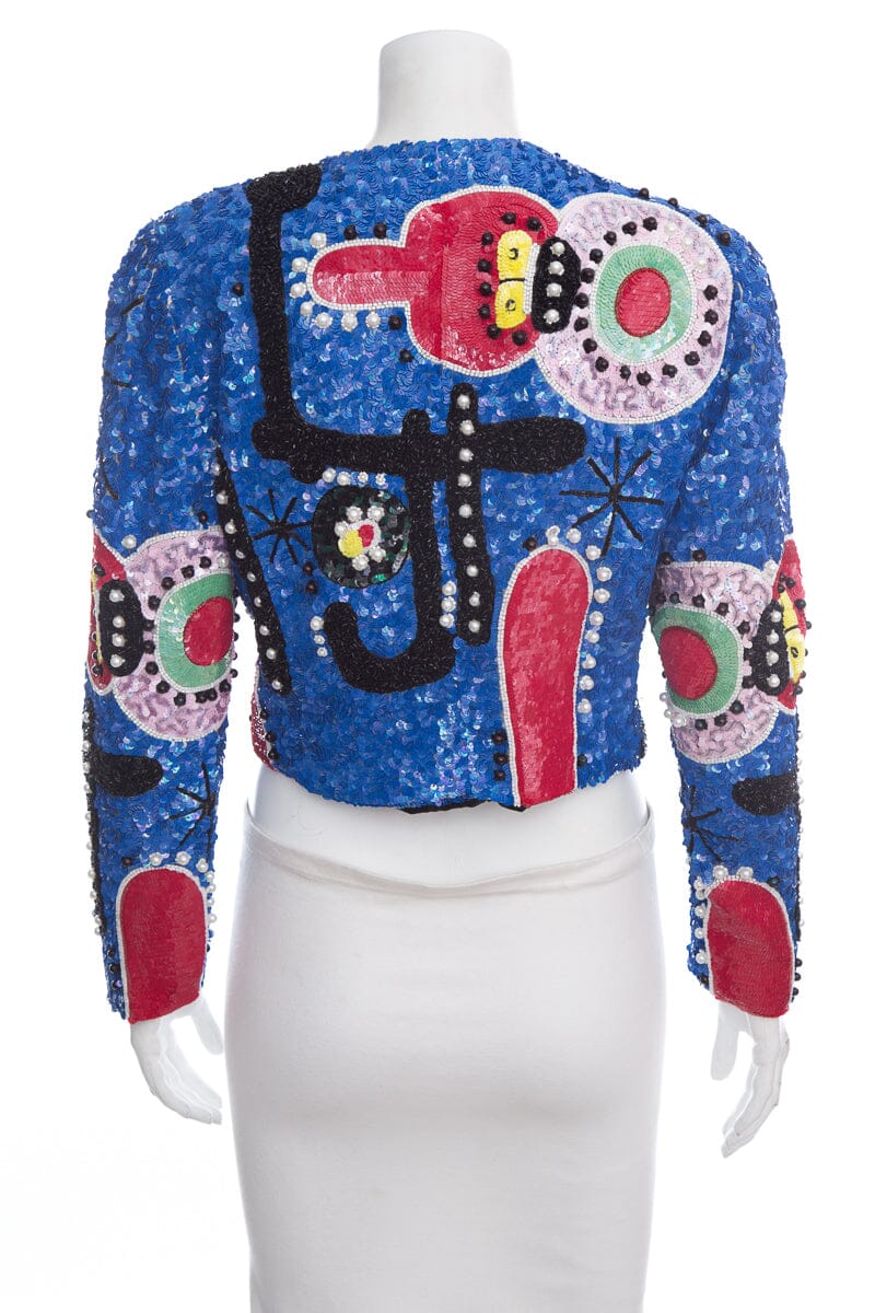 St. Martin Blue Sequin Abstract Cropped Jacket SZ S - Image 3
