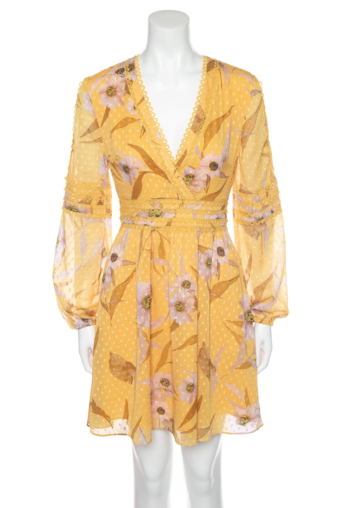 Ted Baker Yellow Floral Long Sleeve Eyelet Detail Dress SZ 0 NWT