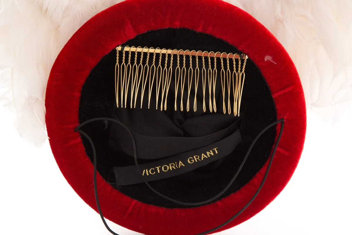 Victoria Grant Red Velvet & White Feather Hair Accessory - Image 3